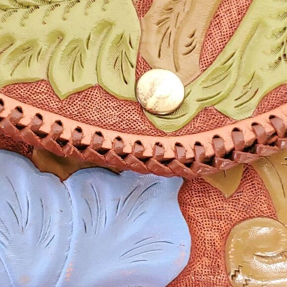 Vtg Hand Tooled Painted Leather Clutch Tri-Fold Wallet Floral Western Boho - Picture 5 of 5